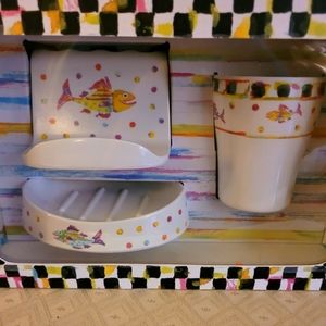 RARE New Mackenzie Childs Melamine Bathroom Set Accessories Happy Fish Decor Cup